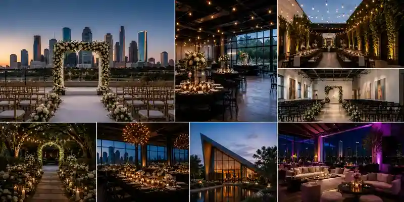 Collage of elegant Houston wedding venues featuring rooftop ceremonies, modern reception spaces, garden settings, and luxury evening celebrations.